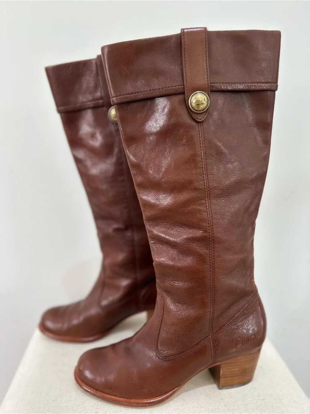 Coach Fayth Leather Riding Boot Chestnut Brown Size 7 B Classic Old Money